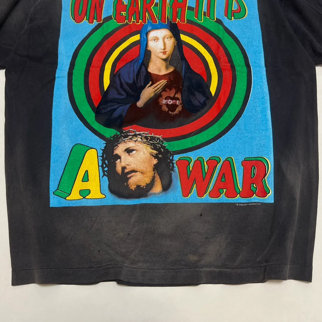 SAINT MICHAEL SS TEE/ON EARTH/BLK Jesus, Mary, Holy Infant Earth TEE Ready-to-wear Assut special piece dyeing, washed and distressed Vintage process, front and rear super complex super large printing, top purchasing agent technology